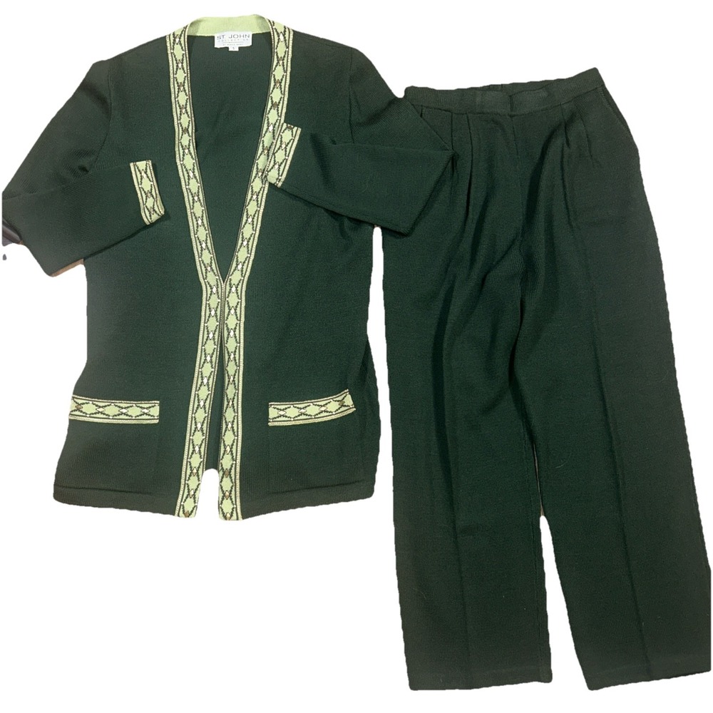 St John Collection Knit 2 Piece Pants Suit Gold Beaded Accent Small & 8 Pants